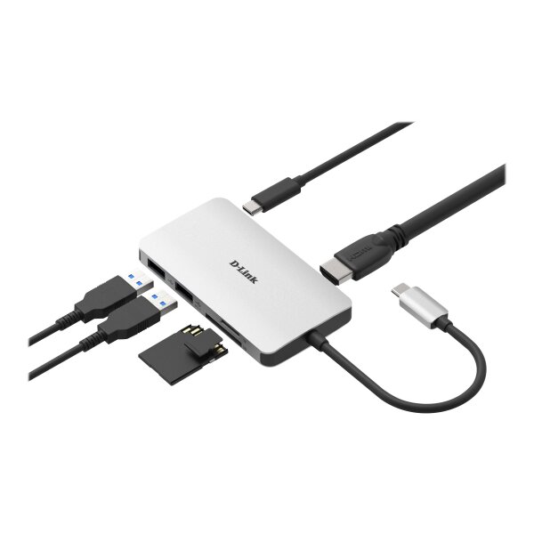 D-LINK USB-C 6-Port USB 3.0 Hub mit HDMI und SD & microSD Card Reader und USB-C Ladeanschluss