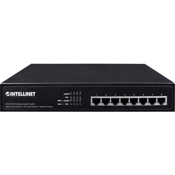 INTELLINET 8-Port PoE+ Desktop Gigabit Switch 8 x PoE-Ports, IEEE 802.3at/af Power-over-Ethernet (Po
