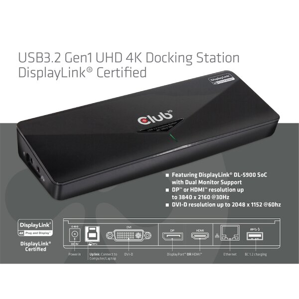 Club3D 4K DualDisp. Dock.USB3 ->3xUSB3/HDMI/DP/DVI/ black retail