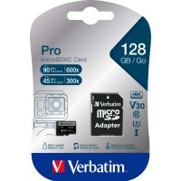 VERBATIM microSDXC Card 128GB 47044 PRO,U3,UHS-I,4K,90MB/s,SD-Adapter