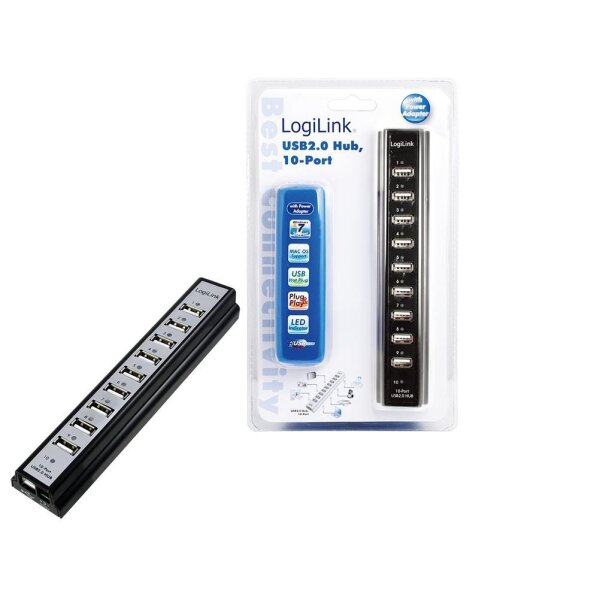 LogiLink USB-HUB 10-Port mit Netzteil schwarz