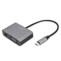DIGITUS USB-C - mini DP + VGA Adapter 20cm 4K/30Hz silver aluminum housing