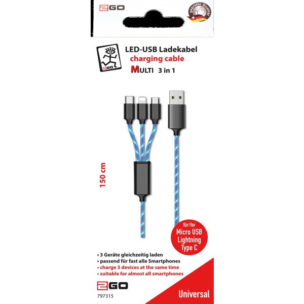 2GO 3in1 LED Kabel blau für Micro-USB & Apple & USB Type-C